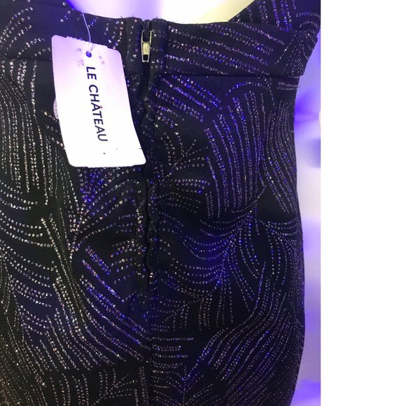 Le Chateau Black stretchy shiny sparkle rainbow metallic open back dress NWT - Picture 7 of 7